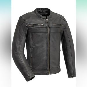 Biker style black leather jacket with center zip and banded collar size 4x